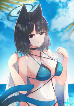 1girl absurdres animal_ear_fluff animal_ears beach bikini black_choker black_eyes black_hair blue_archive blue_bikini blue_halo blue_sky blue_tail breasts cat_ears cat_girl cat_tail choker cloud commentary criss-cross_halter criss-cross_straps day flower flower_bikini halo halterneck haori highres japanese_clothes kikyou_(blue_archive) kikyou_(swimsuit)_(blue_archive) layered_bikini looking_at_viewer multi-strapped_bikini_top multiple_tails navel noger_(hibiki2542) ocean official_alternate_costume outdoors sky solo stomach swimsuit tail two_tails water