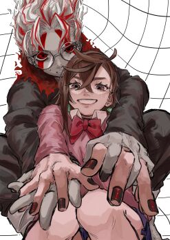 1boy 1girl ayase_momo black_choker black_jacket black_nails black_pants blue_skirt bow bowtie brown_eyes brown_hair choker collared_shirt colored_skin couple crossed_bangs dandadan earrings facial_mark glasses grey_skin grid_background grin hair_between_eyes hetero highres holding_hands interlocked_fingers jacket jewelry kp_oretayao light_blush medium_hair multicolored_hair nail_polish pants parted_bangs parted_lips pink_sweater red_bow red_bowtie red_eyes red_hair round_eyewear school_uniform shirt shirt_under_sweater short_hair skirt smile streaked_hair sweatdrop sweater takakura_ken_(dandadan) takakura_ken_(transformed)_(dandadan) teeth upper_body wavy_hair white_hair white_shirt