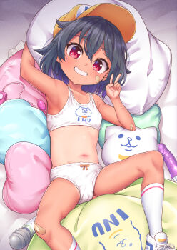 1girl arm_up armpits bandaid bandaid_on_arm bandaid_on_cheek bandaid_on_face bandaid_on_leg baseball_cap black_hair blush bra collarbone condom condom_packet_strip condom_wrapper controller egg_vibrator female_focus flat_chest from_above grin hair_between_eyes hand_up hat highres hitachi_magic_wand kanabun loli looking_at_viewer lying navel on_back one-piece_tan open_mouth original panties pillow red_eyes remote_control remote_control_vibrator sex_toy shoes short_hair smile sneakers socks solo spread_legs tan tanline teeth underwear underwear_only v vibrator white_bra white_panties white_socks yuuki-chan_(kanabun)