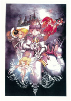 2boys 3girls arlia armor armored_dress atlus blonde_hair castle crown detached_collar dress earrings edward_glowstar eyepatch gabriel_(princess_crown) gauntlets gold_crown gradriel gradriel_de_valendia jewelry kamitani_george multiple_boys multiple_girls portgus_chrisford princess_crown purple_hair red_hair spiked_armor spikes sword wavy_hair weapon