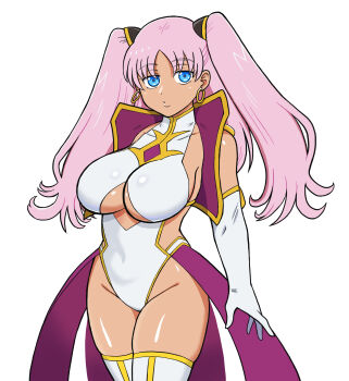 1girl blue_eyes breasts catherine_sabathra cleavage_cutout clothing_cutout code_geass code_geass:_dakkan_no_roze dark-skinned_female dark_skin elbow_gloves gloves highleg highleg_leotard highres large_breasts leotard long_hair looking_at_viewer pink_hair revealing_clothes solo twintails very_long_hair white_background white_leotard wide_hips