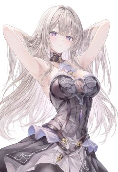 1girl armpits arms_behind_head black_dress black_pantyhose breasts brown_hair cleavage commentary dress herta_(honkai:_star_rail) highres honkai:_star_rail honkai_(series) long_hair looking_at_viewer mizuasagi35181 no_headwear pantyhose parted_lips presenting_armpit purple_eyes simple_background solo strapless strapless_dress the_herta_(honkai:_star_rail) very_long_hair white_background