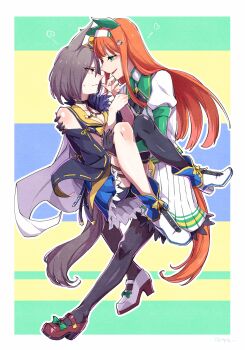 2girls air_groove_(empress_road)_(umamusume) air_groove_(umamusume) animal_ears asymmetrical_legwear black_gloves black_hair black_pantyhose blue_eyes blunt_bangs breasts carrying cleavage ear_covers face-to-face full_body gloves green_eyes hairband highres horse_ears horse_girl horse_tail long_hair long_sleeves multiple_girls orange_hair pantyhose pleated_skirt princess_carry profile sailor_collar short_hair silence_suzuka_(innocent_silence)_(umamusume) silence_suzuka_(umamusume) skirt smile tail takatsuki_nato umamusume white_hairband white_skirt yellow_sailor_collar