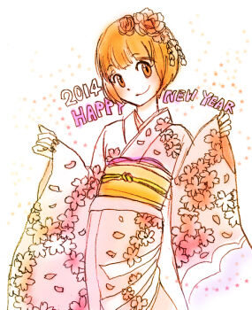 2014 bob_cut brown_eyes brown_hair cherry_blossoms commentary ebikichi english_text faux_traditional_media flower furisode hair_flower hair_ornament japanese_clothes kanzashi kill_la_kill kimono mankanshoku_mako new_year petals pink_flower solo white_background