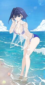 Rule 34 | 1girl, absurdres, barefoot, beach, bending, bikini, blue bikini, blue eyes, blue hair, blue nails, blue sky, breasts, cleavage, cloud, collarbone, collared shirt, commentary, earrings, english commentary, feet, fingernails, full body, hair intakes, hand on own thigh, hand up, highres, hololive, hololive english, horizon, jewelry, large breasts, long sleeves, looking at viewer, nail polish, ocean, open mouth, ouro kronii, partially submerged, quence w, scallop, see-through clothes, see-through shirt, shirt, short hair, sky, sleeves past wrists, starfish, surf, swimsuit, toenail polish, toenails, virtual youtuber