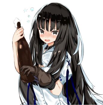 1girl aikawa_yotaki black_eyes black_hair bottle brown_gloves commentary_request dress drunk gloves holding holding_bottle isekai_meikyuu_no_saishinbu_wo_mezasou koushin_ryo long_hair looking_at_viewer open_mouth short_sleeves simple_background single_glove smile solo squeans upper_body white_background white_dress