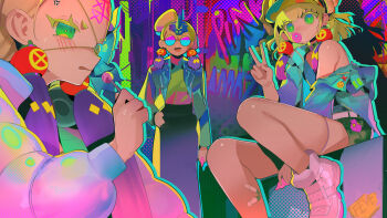 3girls alternate_costume anger_vein blonde_hair blowing_bubble_gum blowing_bubbles blush candy chewing_gum duel_monster ear_ornament eyepatch food glasses green_eyes hat highres lollipop long_sleeves looking_at_viewer medium_hair multiple_girls noh-p.u.n.k._deer_note noh-p.u.n.k._ze_amin noh-p.u.n.k_rising_scale open_mouth punk ro_g_(oowack) shoes tic-tac-toe ultraviolet_light v yu-gi-oh!