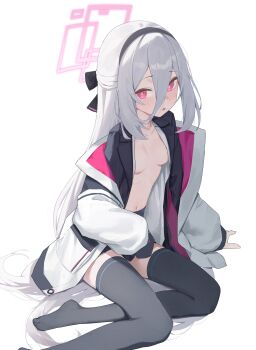 1girl absurdres black_hairband black_jacket black_skirt black_thighhighs blue_archive blush breasts grey_hair hair_between_eyes hairband halo highres jacket kei_(blue_archive) kei_(new_body)_(blue_archive) lizard0221 loli long_hair long_sleeves looking_at_viewer navel no_shoes open_clothes open_jacket open_mouth open_shirt pink_eyes pink_halo red_eyes red_halo shirt simple_background sitting skirt small_breasts solo thighhighs very_long_hair white_background white_jacket