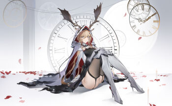 1girl :o absurdres animal_ears antlers antlers_through_hood arknights armored_boots black_shirt black_thighhighs blonde_hair blue_eyes boots cape clock deer_antlers deer_ears ears_through_hood flantia garter_straps gauntlets hair_between_eyes highres hood hood_up hooded_cape horns knees_up long_hair looking_at_viewer red_cape roman_numeral shirt sitting solo thigh_boots thighhighs thighs two-sided_cape two-sided_fabric very_long_hair viviana_(arknights) white_cape