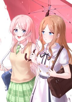 2girls bag bang_dream! bang_dream!_it's_mygo!!!!! belt blue_bag blue_belt blue_eyes blue_ribbon brown_bag brown_hair brown_sweater_vest chihaya_anon commentary_request dress fang green_necktie green_skirt grey_eyes haneoka_school_uniform highres holding holding_umbrella korean_commentary long_hair lqullwl multiple_girls nagasaki_soyo neck_ribbon necktie open_mouth pink_hair plaid_clothes plaid_skirt pleated_skirt rain ribbon school_bag school_uniform shared_umbrella shirt short_hair shoulder_bag sidelocks skirt sweater_vest teeth tsukinomori_school_uniform umbrella upper_teeth_only white_dress white_shirt