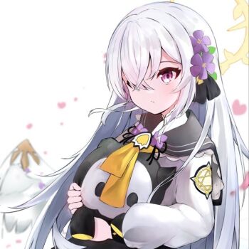 1girl azusa_(blue_archive) black_sailor_collar blue_archive commentary crossed_bangs flower hair_between_eyes hair_flower hair_ornament hair_over_one_eye halo holding holding_stuffed_toy hugging_doll hugging_object long_hair long_sleeves low_wings moepu. neckerchief purple_eyes purple_flower sailor_collar school_uniform skullman_(blue_archive) solo stuffed_animal stuffed_toy white_background white_hair white_wings wing_ornament wings yellow_halo yellow_neckerchief