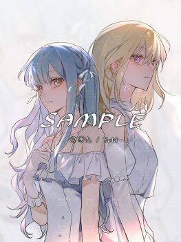 2girls absurdres bang_dream! bang_dream!_it's_mygo!!!!! blonde_hair blue_hair commentary commission dress earrings gloves hair_between_eyes hashtag-only_commentary highres jewelry lingjiu_yuki long_hair misumi_uika multiple_girls off-shoulder_dress off_shoulder parted_lips purple_eyes sample_watermark short_sleeves sidelocks togawa_sakiko watermark watermark_grid white_dress white_gloves yellow_eyes