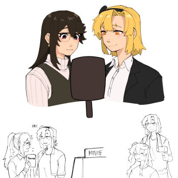 Rule 34 | 2girls, aged up, black hairband, black jacket, black vest, blonde hair, brown hair, collared shirt, commentary, dress shirt, drying, drying another's hair, drying hair, gmeg011, hairband, highres, holding, jacket, koishikawa iko, long hair, momijiyama teru, multiple girls, open clothes, open jacket, orange eyes, scar, scar across eyebrow, scar on face, shirt, short hair, shy (series), simple background, smile, symbol-only commentary, vest, white background, white shirt