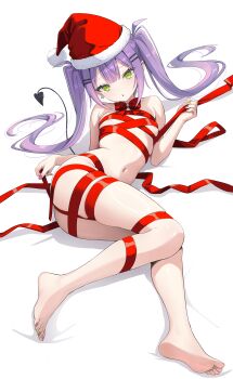 1girl absurdres barefoot bdsm bed_sheet bondage bound bow bowtie breasts center-flap_bangs christmas colored_inner_hair commentary_request demon_girl demon_tail double-parted_bangs earrings feet full_body fur-trimmed_headwear fur_trim gradient_hair green_eyes hair_ornament hairclip hat highres hololive jewelry loli long_hair looking_at_viewer lying multicolored_hair naked_ribbon navel nekonosuke on_side open_mouth paid_reward_available parallel_hairclips pink_hair pointy_ears pom_pom_(clothes) purple_hair red_bow red_bowtie red_hat ribbon ribbon_bondage santa_hat small_breasts soles solo stomach tail toes tokoyami_towa twintails virtual_youtuber