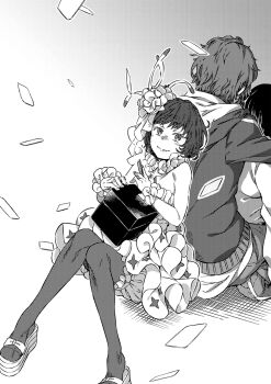 1boy 2girls back-to-back bare_shoulders bloomers blush box breasts cleavage closed_mouth commentary_request cropped detached_collar dion_fortune dress flower frilled_cuffs frilled_dress frills greyscale haimura_kiyotaka hair_flower hair_ornament halftone_dot_(medium) hamazura_shiage highres holding holding_box hood hood_down hug knee_up looking_at_viewer medium_breasts monochrome multiple_girls novel_illustration official_art pants pantyhose platform_sandals sandals shirt short_dress short_hair sitting sleeveless sleeveless_dress smile takitsubo_rikou tiptoes toaru_majutsu_no_index toaru_majutsu_no_index:_new_testament underwear veil white_background white_dress