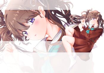 1girl absurdres aqua_neckerchief blush brown_dress brown_hair commentary dress floating_hair fujishima_megumi hasu_no_sora_school_uniform highres light_particles link!_like!_love_live! long_hair long_sleeves looking_at_viewer love_live! medium_dress neckerchief no_shoes parted_lips pleated_dress purple_eyes rakinegimagi sailor_collar sailor_dress school_uniform simple_background smile socks solo twintails virtual_youtuber white_background white_sailor_collar white_socks winter_uniform zoom_layer