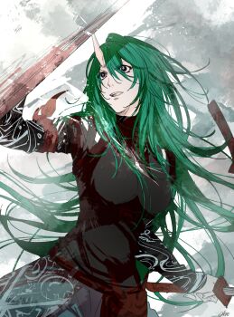 1girl absurdres alternate_costume arknights arm_ribbon black_shirt breasts commentary_request green_hair grey_eyes hair_between_eyes highres holding holding_shield holding_sword holding_weapon horns hoshiguma_(arknights) hoshiguma_(ronin_huntress)_(arknights) large_breasts long_hair long_sleeves mask merry_(secilhodoshima) official_alternate_costume oni_mask open_mouth ribbon shield shirt signature single_horn smile solo sword upper_body weapon