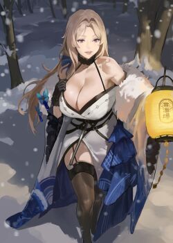 1girl bare_shoulders bare_tree black_gloves black_thighhighs blonde_hair blue_ribbon breasts cleavage coat collarbone fur-trimmed_coat fur-trimmed_kimono fur_trim gloves goddess_of_victory:_nikke hair_ribbon hand_on_own_chest highres hintobento huge_breasts japanese_clothes kimono lantern long_hair ludmilla_(nikke) ludmilla_(winter_owner)_(nikke) off_shoulder official_alternate_costume orange_eyes paper_lantern parted_bangs ribbon smile snow snowing solo thighhighs tree two-tone_kimono white_kimono