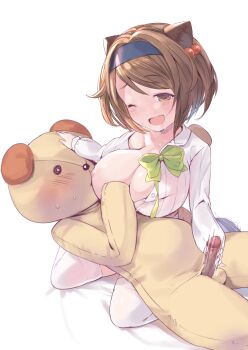 1boy 1girl ;d animal_costume bear_costume blush breast_sucking breasts brown_eyes brown_hair censored granblue_fantasy handjob hetero highres kneeling kodomo_doushi large_breasts mosaic_censoring motion_lines nursing_handjob one_eye_closed open_mouth oppai_loli p_answer penis short_hair shota simple_background smile solo_focus yaia_(granblue_fantasy)