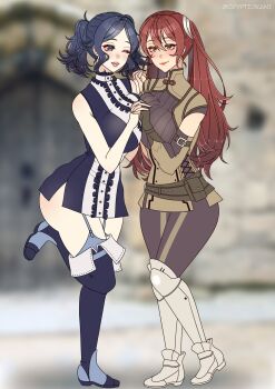 2girls alternate_breast_size_(larger) alternate_hair_color ass asymmetrical_docking blue_hair blush breast_press breasts brown_eyes commission cryptid_crab cynthia_(fire_emblem) fire_emblem fire_emblem_awakening holding_hands huge_ass large_breasts medium_breasts multiple_girls nintendo one_eye_closed red_eyes red_hair severa_(fire_emblem) thighhighs twintails yuri