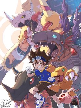 1boy agumon blue_eyes brown_eyes brown_hair brown_shorts claws commentary creature digimon digimon_(creature) digimon_adventure evolution evolutionary_line fangs gloves goggles goggles_on_head greymon highres koromon metalgreymon red_eyes shorts tatumi079sub wargreymon white_gloves yagami_taichi