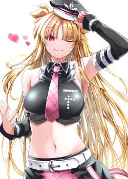 Rule 34 | 1girl, alternate costume, arm up, armpits, belt, black hat, black shirt, black skirt, blonde hair, blush, breasts, crop top, detached sleeves, fate testarossa, hat, highres, large breasts, looking at viewer, lyrical nanoha, mahou shoujo lyrical nanoha, midriff, navel, necktie, one eye closed, pink necktie, red eyes, shirt, simple background, skirt, smile, solo, sougetsu izuki, white background, white belt