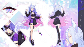 1girl animal_ears asymmetrical_skirt belt black_belt black_shoes black_shrug black_skirt black_thighhighs black_tube_top breasts character_request cleavage color_guide commentary crystal_hair crystal_tail english_commentary english_text fingernails fox_ears fox_girl fox_tail from_behind full_body garter_straps gradient_hair hair_between_eyes hair_over_shoulder half-skirt hands_up high_collar hyanna-natsu indie_virtual_youtuber long_fingernails long_hair long_sidelocks long_sleeves medium_breasts midriff multicolored_eyes multicolored_hair multiple_views o-ring o-ring_thigh_strap pleated_skirt profile purple_hair purple_shorts rainbow_eyes reference_sheet shoes shorts shorts_under_skirt shrug_(clothing) sidelocks single_thighhigh skirt smile sneakers solo strapless tail thigh_strap thighhighs tube_top very_long_hair virtual_youtuber