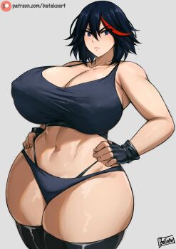 Rule 34 | 1girl, bare shoulders, batako (batakoart), black hair, black panties, blue eyes, blunt bangs, blush, breasts, cleavage, collarbone, covered erect nipples, curvy, fingerless gloves, gloves, highres, huge breasts, kill la kill, looking at viewer, matoi ryuuko, multicolored hair, muscular, muscular female, navel, panties, red hair, short hair, solo, standing, thick thighs, thighs, underwear, wide hips