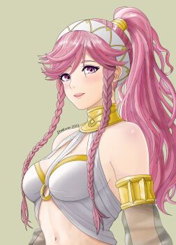 1girl absurdres bare_shoulders blush braid braided_sidelock breasts dancer detached_sleeves fire_emblem fire_emblem_awakening hairband highres iamerror14 long_hair looking_at_viewer medium_breasts navel nintendo olivia_(fire_emblem) open_mouth pink_eyes pink_hair ponytail see-through_clothes see-through_sleeves side_braid simple_background smile solo stomach twin_braids upper_body