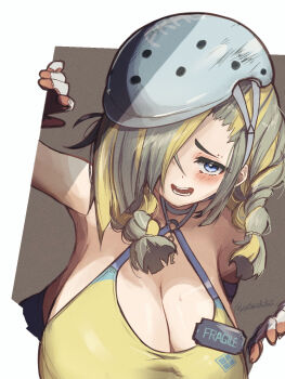 1girl blonde_hair blue_eyes braid breasts character_name cleavage commentary_request fragile_(nikke) goddess_of_victory:_nikke grey_hair hair_over_one_eye hanging_breasts hard_hat helmet highres huge_breasts jewelry key key_necklace long_hair looking_at_viewer low_twin_braids mole mole_above_eye multicolored_hair necklace o-ring o-ring_top open_mouth sata_(satawahaha) simple_background sleeveless solo streaked_hair tank_top twin_braids two-tone_hair white_background yellow_tank_top