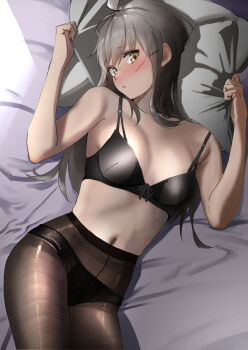 Rule 34 | 1girl, absurdres, ahoge, black bra, black panties, black pantyhose, blush, bra, breasts, brown eyes, commentary request, commission, facial scar, gangut (kancolle), grey hair, highres, kantai collection, long hair, medium breasts, navel, nose blush, panties, panties under pantyhose, pantyhose, pillow, pillow grab, pixiv commission, scar, scar on cheek, scar on face, solo, tama (tamago), underwater, underwear