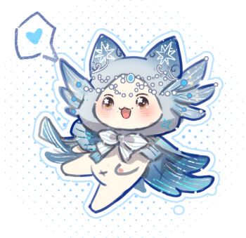 animal animal_focus beads blue_cloak blue_gem bow bowtie brown_eyes bubble cat cherilynorz chinese_commentary circlet cloak clothed_animal commentary_request ear_covers fins floating forehead_jewel gem halftone halftone_background happy head_fins heart hood hood_up hooded_cloak infinity_nikki light_blush looking_ahead momo_(nikki) nikki_(series) no_humans official_alternate_costume open_mouth outline smile solo speech_bubble spoken_heart star_(symbol) star_in_eye striped_bow striped_bowtie striped_clothes symbol_in_eye two-sided_cloak two-sided_fabric vertical-striped_cloak white_background white_bow white_bowtie white_cat white_outline