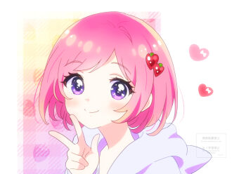 Rule 34 | 1girl, blush, closed mouth, commentary, food, food-themed hair ornament, fruit, fruit hair ornament, gradient background, gradient hair, hair ornament, hand up, harumi momoka (kyanos), heart, heart background, hood, hood down, hoodie, kyanos (b 0000ff), long sleeves, looking at viewer, multicolored hair, original, patterned background, pink background, pink hair, plaid background, portrait, purple eyes, purple hoodie, short hair, smile, solo, split mouth, strawberry, strawberry background, strawberry hair ornament, swept bangs, tareme, w, watermark, white background, yellow background