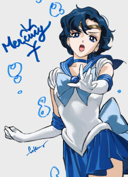 1girl absurdres back_bow bishoujo_senshi_sailor_moon blue_bow blue_bowtie blue_choker blue_eyes blue_hair blue_sailor_collar blue_skirt bow bowtie character_name choker circlet collarbone commentary_request earrings elbow_gloves gloves highres jewelry looking_at_viewer magical_girl mercury_symbol miniskirt mizuno_ami open_mouth pleated_skirt roru_(lol_dessin) sailor_collar sailor_mercury sailor_senshi sailor_senshi_uniform short_hair signature skirt solo stud_earrings white_gloves
