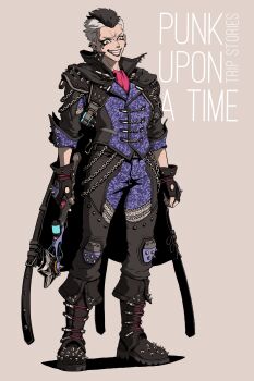 1boy absurdres black_hair brown_background character_request commentary_request copyright_request cyberpunk earrings english_text eyeshadow fingerless_gloves full_body gloves grin highres holding holding_wand jacket jewelry leather leather_jacket long_coat makeup original smile solo spiked_boots spiked_jacket standing user_ujsh8484 wand white_hair yellow_eyes