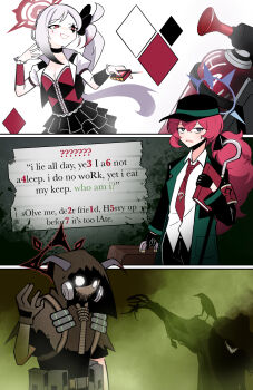 absurdres airhorn artist_request batman_(series) bird blue_archive book controller cosplay crow dc_comics english_text formal_clothes fuuka_(blue_archive) gas gas_mask gloves grey_eyes hair_between_eyes halo harley_quinn harley_quinn_(cosplay) hat highres holding holding_book holding_remote_control iroha_(blue_archive) long_hair looking_at_viewer mask mutsuki_(blue_archive) necktie open_mouth pointy_ears red_hair remote_control scarecrow_(batman) side_ponytail smile suit the_riddler twintails white_hair