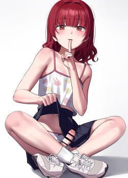 1boy ankle_socks bar_censor black_skirt camisole censored clothes_lift commentary crossdressing crossdressing_(mtf) erection finger_to_mouth foreskin highres huaca indian_style lifting_own_clothes male_focus medium_hair miniskirt original panties penis_out phimosis pleated_skirt red_eyes red_hair shoes shushing simple_background sitting skirt skirt_lift sneakers socks trap underwear untranslatable_commentary white_background white_camisole white_panties white_shoes white_socks