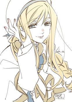 1girl alicia_florence aria_(manga) aria_company_uniform artist_name beret blonde_hair blue_bow blue_bowtie blue_ribbon bow bowtie braid braided_ponytail capelet closed_mouth eyelashes gold_trim grey_eyes hand_up hat hat_ribbon highres itou_youko long_hair long_sleeves looking_at_viewer ribbon signature simple_background sketch smile solo upper_body white_background white_capelet