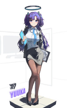 1girl absurdres black_jacket black_shoes black_skirt blue_archive blue_eyes blue_hair blue_necktie breasts brown_pantyhose character_name clipboard closed_mouth collared_shirt commentary_request full_body halo high_heels highres holding holding_clipboard holding_tablet_pc hone_(hone_art) jacket korean_commentary large_breasts long_hair looking_at_viewer mechanical_halo necktie open_clothes open_jacket pantyhose pencil_skirt shirt shoes skirt smile solo standing tablet_pc two_side_up white_shirt yuuka_(blue_archive)