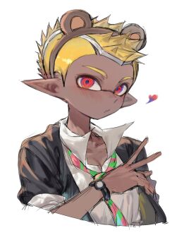 Rule 34 | 1boy, animal ear headwear, black jacket, blonde hair, commentary request, dark-skinned male, dark skin, fake animal ears, headband, heart, highres, inkling player character, jacket, light blush, looking at viewer, loose clothes, loose shirt, multicolored eyes, multicolored hair, necktie, nintendo, pointy ears, red eyes, shirt, short hair, simple background, sleeves rolled up, solo, spiked hair, splatoon (series), togetoge, two-tone eyes, two-tone hair, two-tone necktie, upper body, v, watch, white background, white shirt, wristwatch
