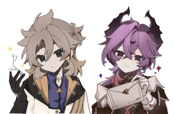 2boys albedo_(genshin_impact) aqua_eyes black_gloves blonde_hair blue_eyes blue_shirt closed_mouth coat demon_horns diamond_(shape) dongzhiji519 envelope genshin_impact gloves hair_between_eyes highres holding hood horns jacket letter male_focus medium_hair mini_durin_(genshin_impact) mini_durin_(human)_(genshin_impact) multiple_boys purple_eyes purple_hair scar shirt simple_background sparkle upper_body white_background white_gloves