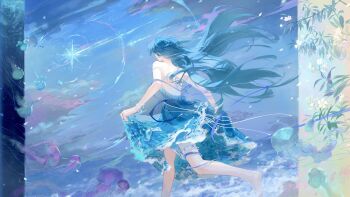 1girl absurdres backless_dress backless_outfit barefoot bead_bracelet beads blue_dress blue_hair bracelet chinese_commentary cloud commentary_request dress floating_hair flower foot_out_of_frame from_behind hamel_(path_to_nowhere) highres jellyfish jewelry liquid_dress long_hair luori_dianxin ocean outdoors path_to_nowhere plant running shooting_star skirt_hold sky solo very_long_hair water white_flower