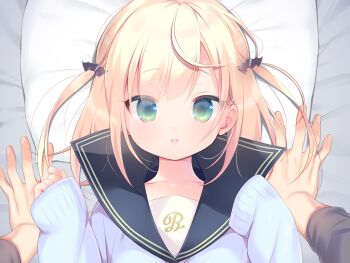 1boy 1girl bat_hair_ornament black_sailor_collar blonde_hair blue_sweater collarbone game_cg green_eyes hair_ornament hands_up large_variant_set long_sleeves looking_at_viewer lying mainichi_kiss_shite_lolita mihato_(mainichi_kiss_shite_lolita) non-web_source on_back on_bed parted_lips pillow piyodera_mucha portrait pov pov_hands sailor_collar school_uniform serafuku short_hair sleeves_past_wrists solo solo_focus sweater two_side_up variant_set