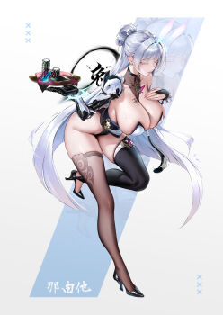 1girl absurdres asymmetrical_legwear black_leotard black_thighhighs body_writing breasts bug butterfly cian_yo closed_eyes earrings full_body goddess_of_victory:_nikke grey_hair hair_bun high_heels highres holding holding_tray huge_breasts insect jewelry leotard long_hair mechanical_arms nayuta_(nikke) poker_chip see-through_clothes see-through_thighhighs simple_background single_mechanical_arm smile solo standing standing_on_one_leg strapless strapless_leotard thighhighs tray white_background zoom_layer