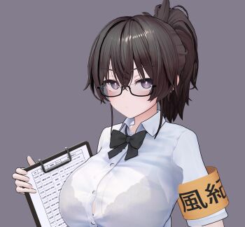 1girl 3d :| absurdres armband black_hair bra breasts button_gap closed_mouth commentary_request expressionless glasses highres kazama_ritsuko lace_trim large_breasts long_hair looking_at_viewer ponytail purple_eyes school_uniform see-through_clothes simple_background solo solo_focus underwear vrc_marvelous vrchat