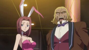 1boy 1girl angry animal_ears animal_ears_removed animated animated_gif backflip bare_arms bare_shoulders beard between_breasts blonde_hair blue_eyes bow bowtie breasts bunny_ears_removed cleavage code_geass dark_skin detached_collar facial_hair fake_animal_ears formal_clothes kouzuki_kallen kicking large_breasts lowres open_mouth playboy_bunny punching rabbit_ears rabbit_tail red_hair short_hair suit tail upper_body violence wrist_cuffs