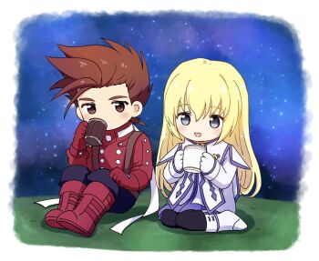 Rule 34 | 1boy, 1girl, black pants, blonde hair, blue eyes, blush, boots, brown eyes, brown hair, colette brunel, commentary, cup, dress, drinking, full body, gloves, grass, highres, holding, holding cup, hzk882, jacket, knees, lloyd irving, long hair, long sleeves, night, open mouth, outdoors, pants, red boots, red gloves, red jacket, short hair, sitting, sky, star (sky), starry sky, symbol-only commentary, tales of (series), tales of symphonia, white boots, white dress, white gloves, yokozuwari