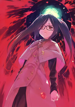 1girl absurdres arms_at_sides black_dress black_hair blood breasts coat collared_dress cowboy_shot dress from_below glasses grey_carpet grey_coat highres lips long_hair long_sidelocks long_sleeves looking_at_viewer midori_no_ruupe open_mouth original parted_lips red_background red_eyes sidelocks small_breasts smile solo standing tareme twintails very_long_hair