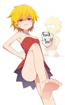 1girl absurdres armpits ass bare_legs barefoot black_panties blonde_hair blush breasts commentary death_tome dress english_commentary english_text frown highres jewelry lisa_simpson looking_at_viewer luke_(dydansgur) necklace panties pearl_necklace pov_stomped projected_inset red_dress reference_inset shaded_face short_hair simple_background small_breasts soles speech_bubble standing standing_on_one_leg stepping strapless strapless_dress sweatdrop the_simpsons toes underwear white_background