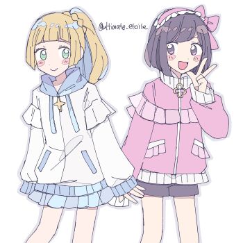 2girls :&gt; :d alternate_costume black_hair black_shorts blonde_hair blue_skirt blush_stickers bow braid braided_ponytail green_eyes grey_eyes hair_bow high_ponytail highres hood hoodie jacket lillie_(pokemon) long_hair looking_at_another maid_headdress multiple_girls nintendo open_mouth pink_bow pink_jacket pokemon pokemon_sm ponytail remoooon see-through_clothes see-through_skirt selene_(pokemon) short_hair shorts simple_background skirt smile standing track_jacket upper_body w white_background white_jacket
